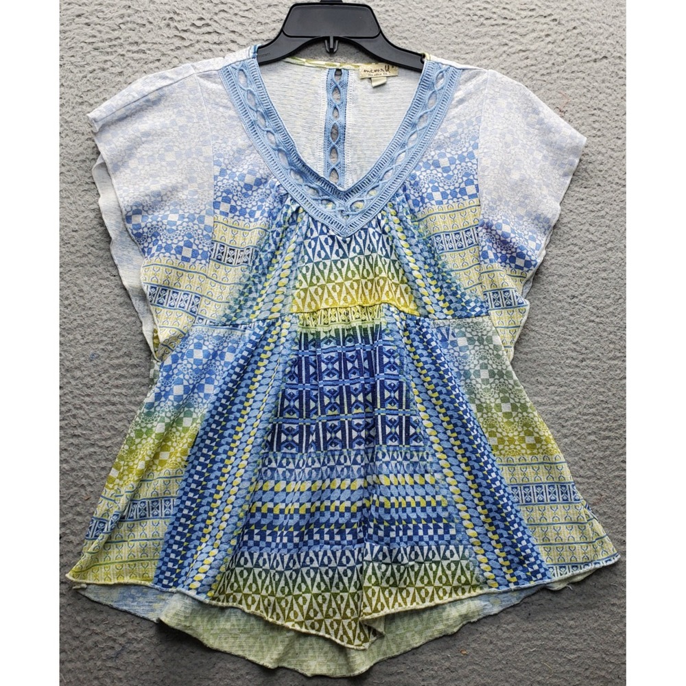 One World Blouse Top Womens Small Multi Geo‎ Print Stretch Pleated Lace V-Neck